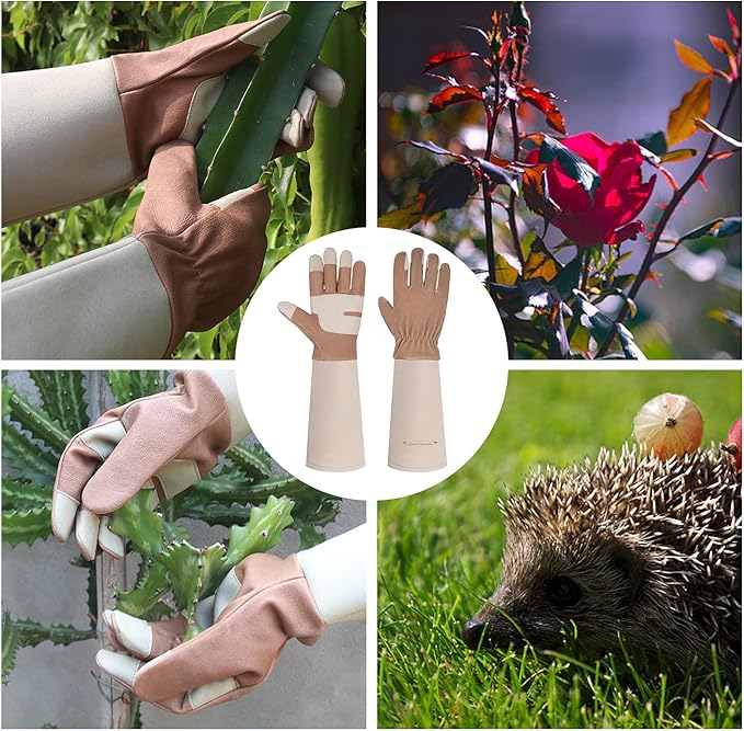 HANDLANDY Long Gardening Gloves for Men & Women, Thorn Proof Rose Pruning Gloves Leather Gauntlets Garden Glove Yard Work Glove (Medium, Brown)
