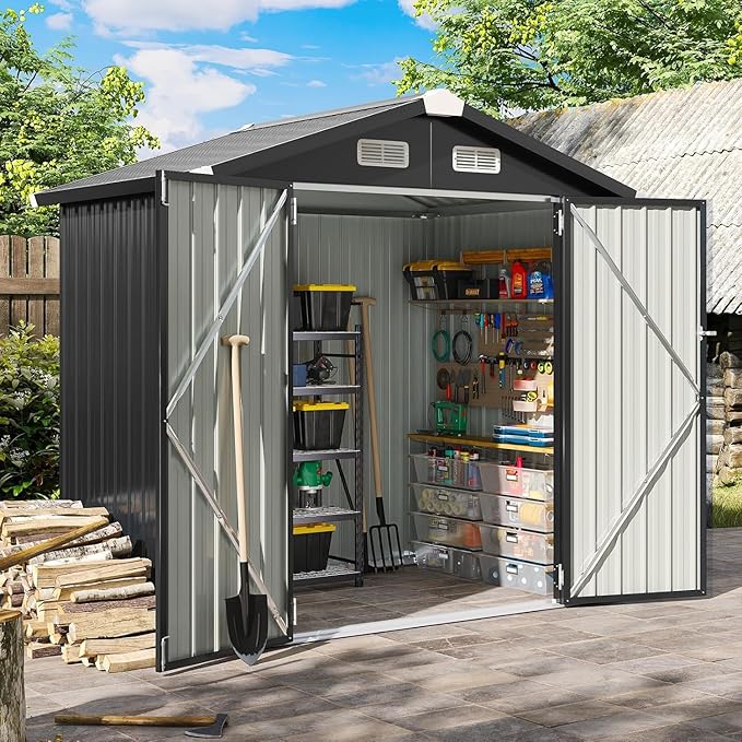 Aoxun 6.2x4 FT Shed Outdoor Galvanized Storage Shed with Large Lockable Doors for Lawn, Backyard, Patio (Black)