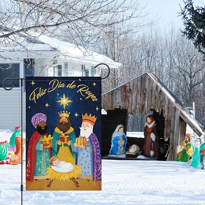 Heyfibro Feliz Dia De Reyes Garden Flag Three Kings Christmas Flags 12 x 18 Inch Double Sided Burlap,Nativity Christ Yard Banner for Xmas Winter Farmhouse Seasonal Decor(ONLY FLAG)