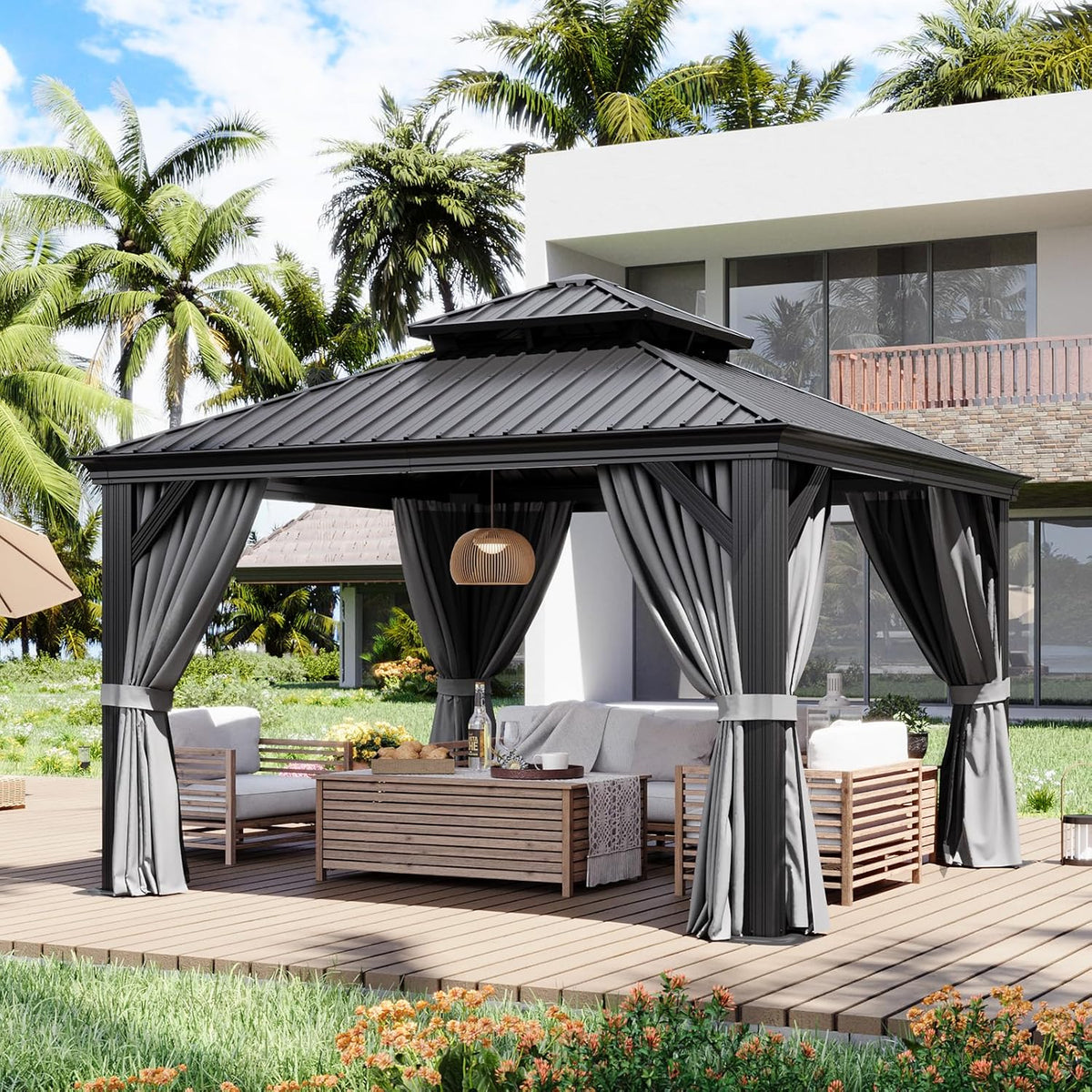 Aoxun 12' X 12' Hardtop Gazebo with Drainage System, Aluminum Outdoor Gazebo with Galvanized Steel Double Roof, Patio Permanent Metal Pavilion with Netting, for Garden, Deck, Grey