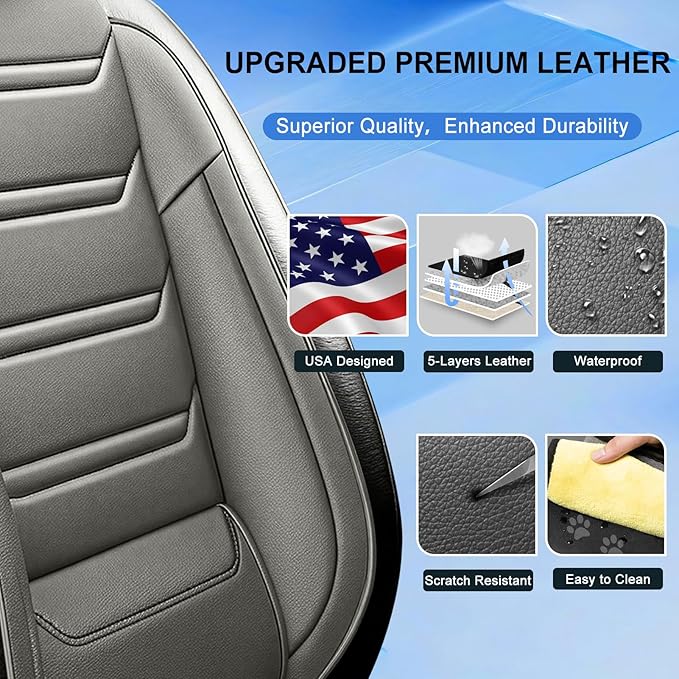 Fit Accord Car Seat Covers for Select Honda Accord 2012-2026, Luxury Full Coverage Leather, Airbag Compatible, Waterproof & All Weather Seat Protector, Front Pair Black+Gray