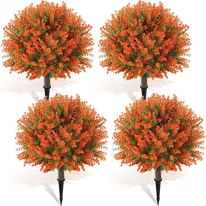 Yunlly 4 Pcs 18 Inch Fall Artificial Boxwood Ball Topiary Tree Outdoor Plants Bush, UV Resistance Faux Shrub with Spike Fall Porch Decor for Indoor Garden Yard Porch Patio Decor (Orange)