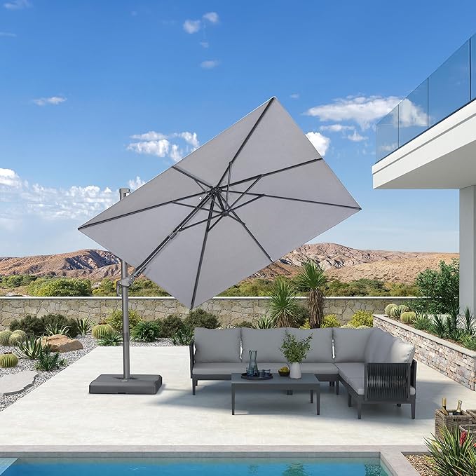 PURPLE LEAF 8' X 8' Left-right Tilting Outdoor Patio Umbrella Swivel Offset Cantilever Heavy Duty Rectangle Aluminum Umbrella with UV Resistant for Deck Pool Patio Backyard, Pebble Grey
