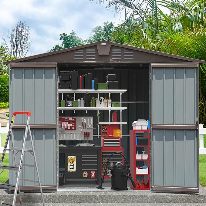 Domi Backyard Storage Shed 8.2’ x 6.2’ with Galvanized Steel Frame,Outdoor Garden Shed Metal Utility Tool Storage Room with Latches and Lockable Door for Balcony Lawn Poolside (Dark Brown)