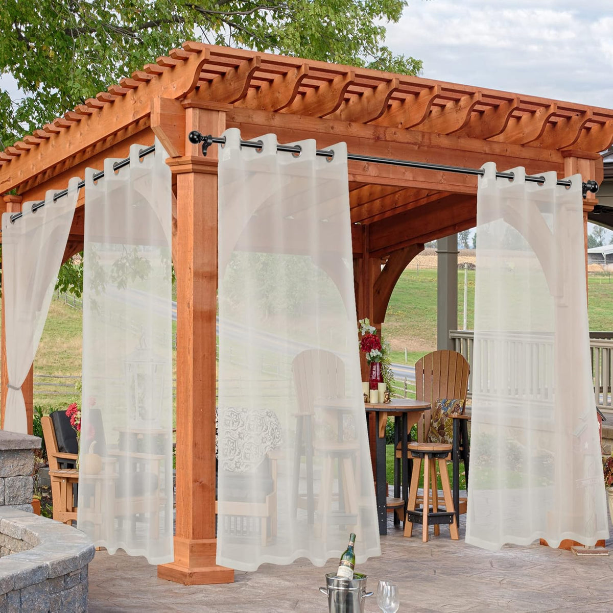 HolidayIdeas Beige Outdoor Sheer Curtains for Patio Waterproof, 4 Panels - 54 x 108 Inch - Light Filtering Voile Outside Curtains Grommet Drapes for Front Porch, Gazebo, Pergola, Backyard