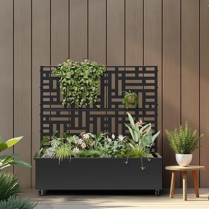 Casaphoria Metal Raised Garden Bed with Trellis and Wheels, 47"x47"x16" Planter Box for Climbing Plants, Vegetables & Vines, Features Drainage Holes and Privacy Screen (Black-Helen)