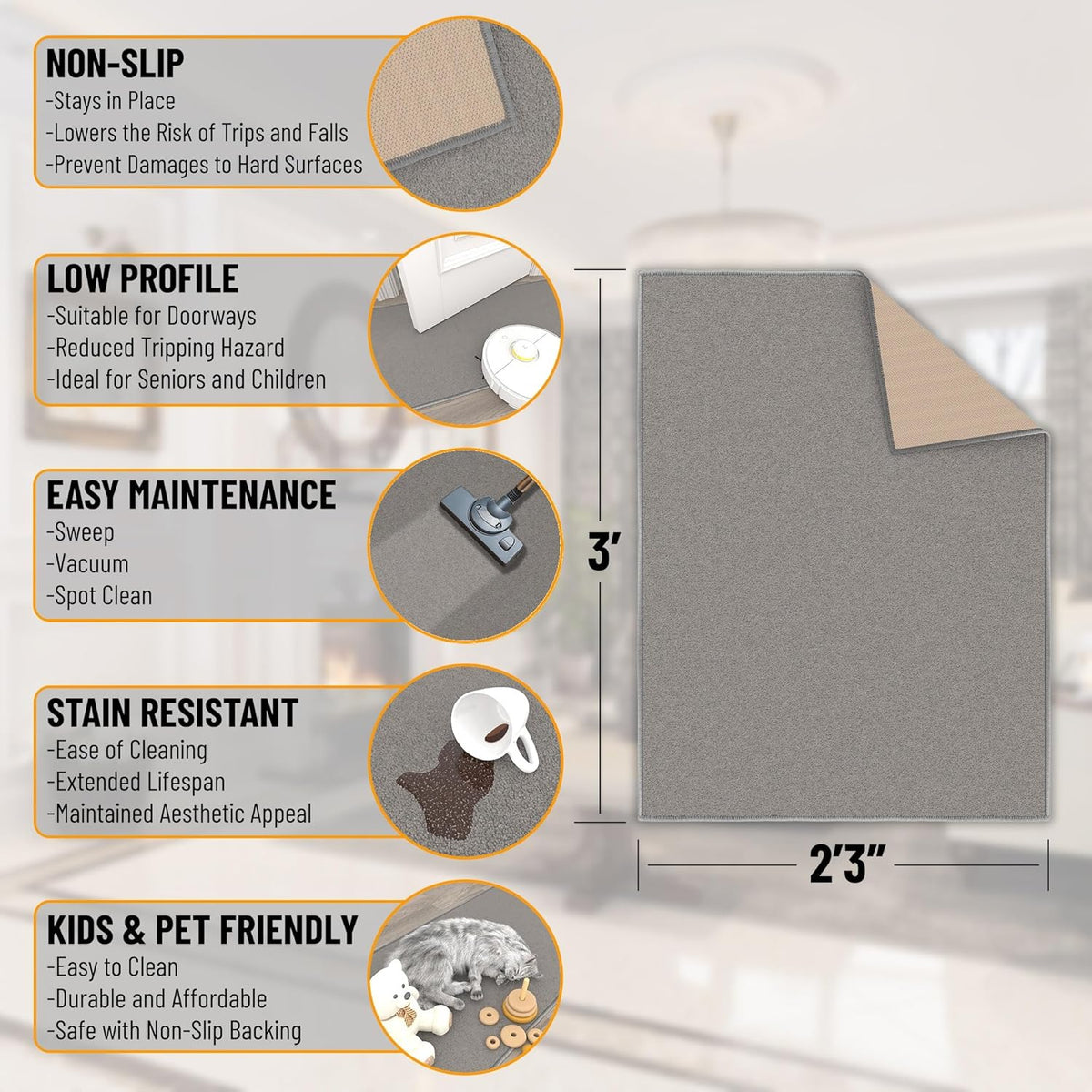 Ottomanson Rugs for Entryway 2'3" x 3' Non Slip Solid Small Area Rugs Durable Front Door Mat Rug Stain Resistant Entrance Rugs for Bathroom Kitchen Bedroom & Living Room, Gray