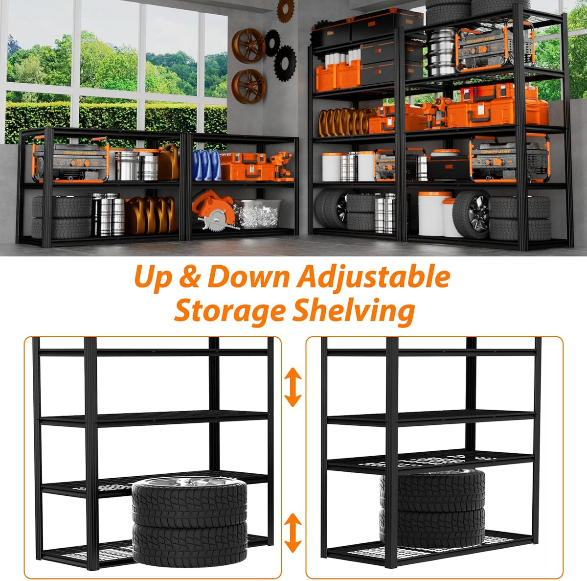 ROOMTEC 48" W Garage Shelving Heavy Duty,2800LBS Storage Shelves,5-Tier Adjustable Metal Shelving Utility Shelf Rack Garage Storage Organize for Storage Industrial, Warehouse, Basement