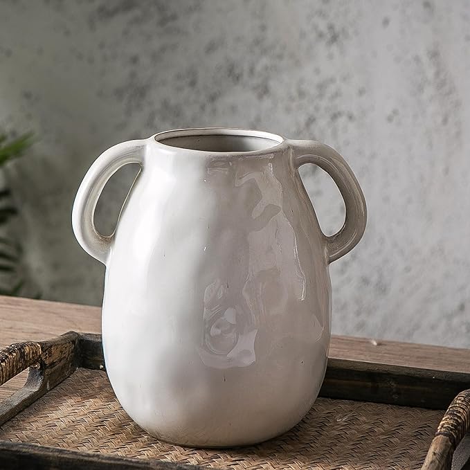 Kimdio White Ceramic Vase with 2 Handles, Modern Farmhouse Vases for Home Decor, Rustic Pottery Vase, Decorative Terracotta Flower Vase, Clay Small Vase, Centerpieces for Dining Table