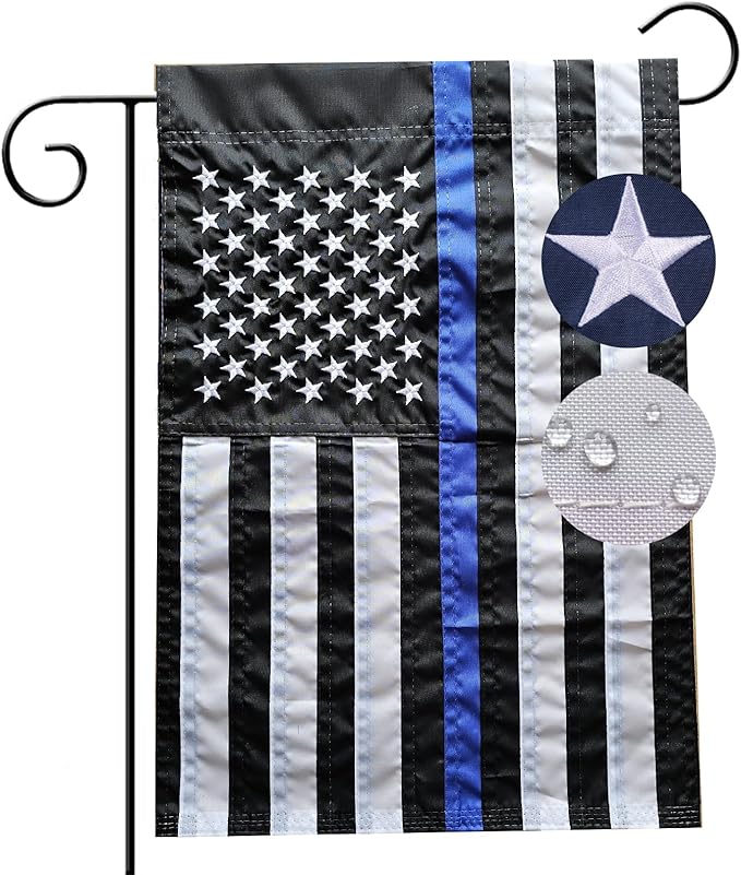 US Embroidered Thin Blue Line Garden Flag Double Sided 12x18 Inch American Police Yard Lawn Garden Flags Banner Heavy Duty Vivid Color