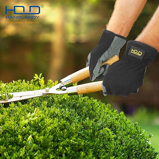 HLDD HANDLANDY Garden Gloves Men, Leather Utility Work Gloves for Gardening, Yardwork, Construction, Mechanics with Reinforced Palm, Green L