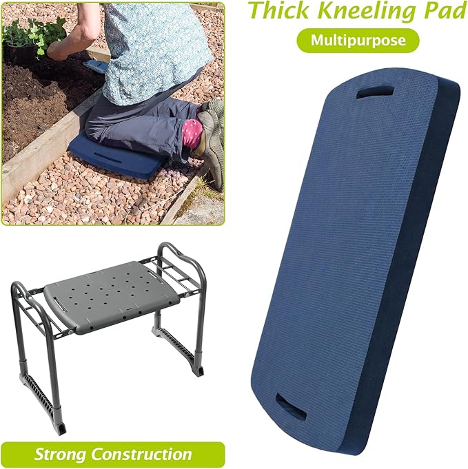 ikkle Garden Kneeler and Seat Gardening Stool Kneeler Folding Gardening Bench with Thicker Detachable Kneeling Pad and Tool Store Pouches (Blue)