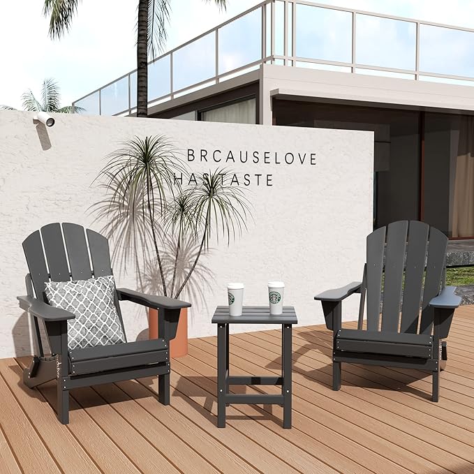 WO Home Furniture Adirondack Chairs Table Set of 3 PCS Outdoor Folding Chairs Side End Table Weather/UV Resistant for Lawn, Garden, Bon Fire, Balcony (Grey)