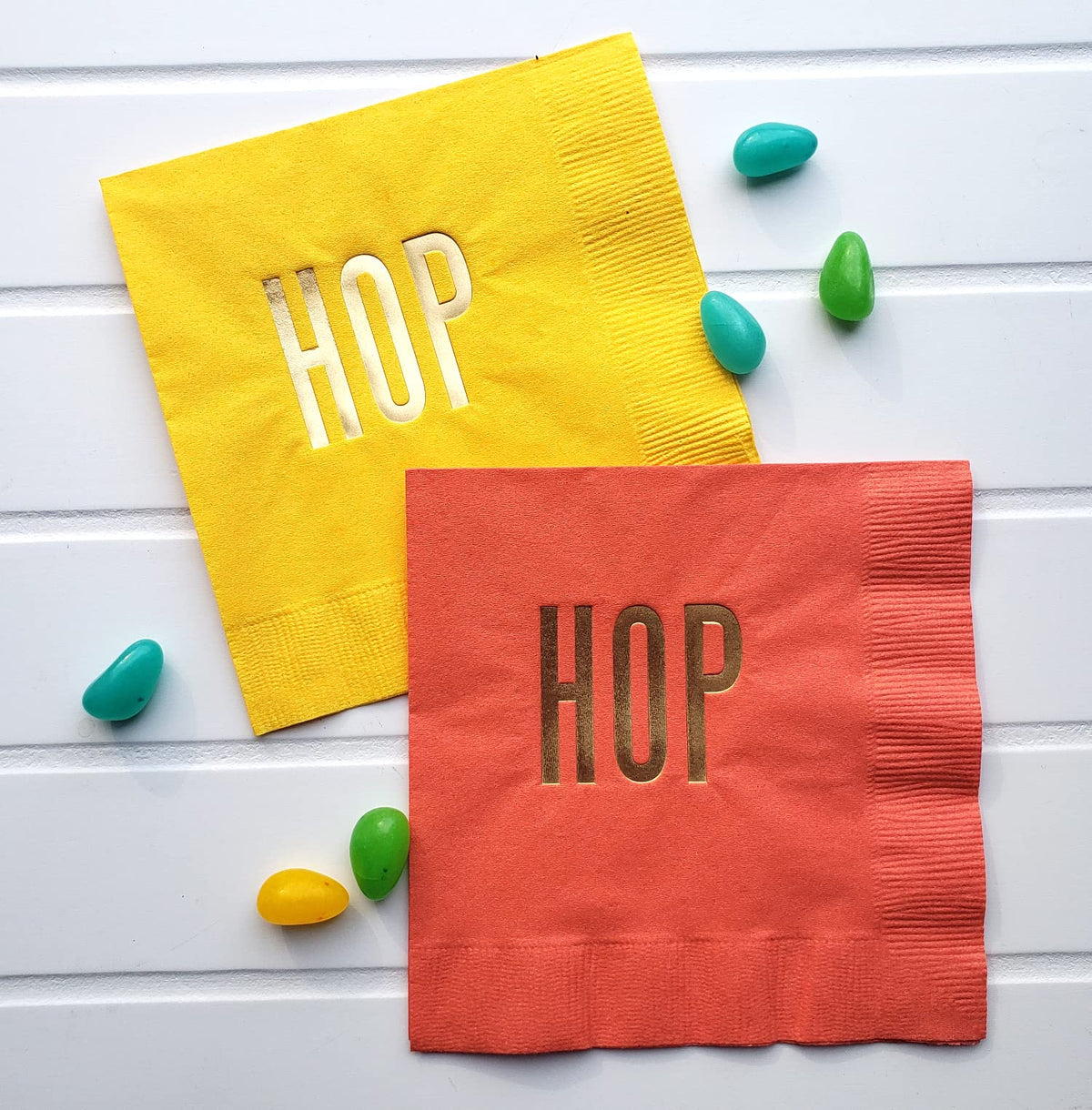 HOP HOP Easter Cocktail Beverage Napkins (20 pcs) Coral and Yellow with Gold Foil Party Decorations by Nerdy Words
