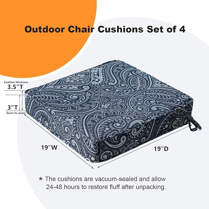 Square Corner Seat Cushions, 19" x 19" x 3", Set of 4, Indoor Outdoor Water Repellent Universal Chair Pads with Ties for Patio Furniture, Garden Deck Dining Chairs, Damask Blue Flower