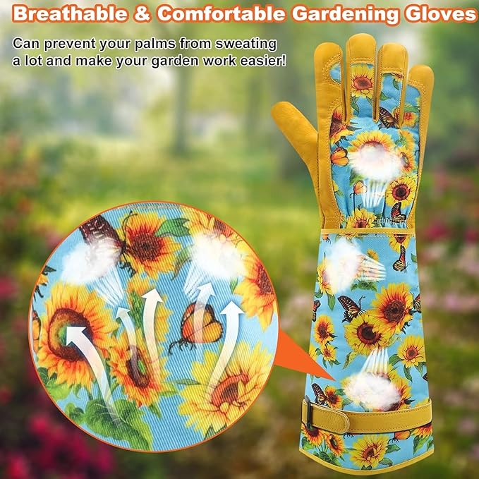 DLY Gardening Gloves for Women, Rose Gloves Gardening Thorn Proof, Long Garden Gloves for Women, Breathable Cowhide Leather Gauntlet (Small, Blue
