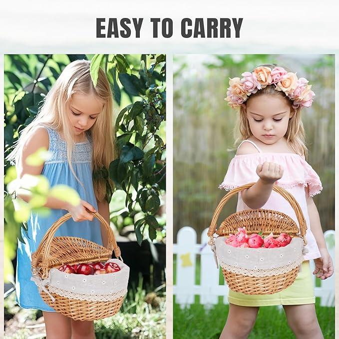 Happypicnic 12" Picnic Basket - Small Wicker Basket with Foldable Handle Lid & Removable Liner | Cute Picnic Basket Toy Empty for Kids, Gift, Halloween, Christmas, Valentines, Easter, Birthday, Flower