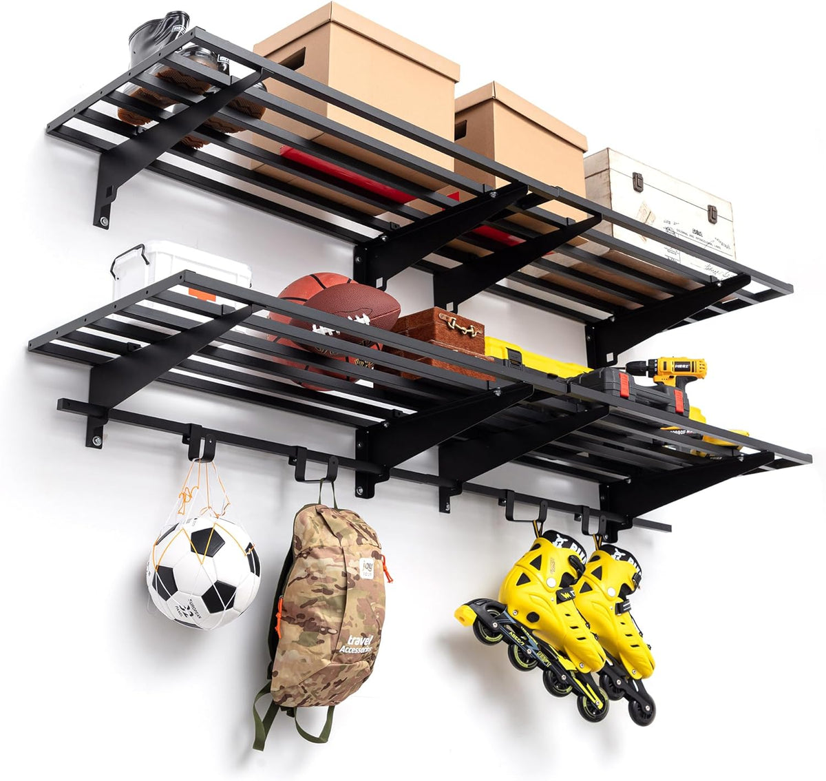 Garage Wall Shelving with Hooks,2-Pack 1.64 x 6ft Garage Wall Shelf,Loads 1050 lbs Heavy Duty Wall Shelves,20” x 72” Garage Shelves Wall Mounted,Black