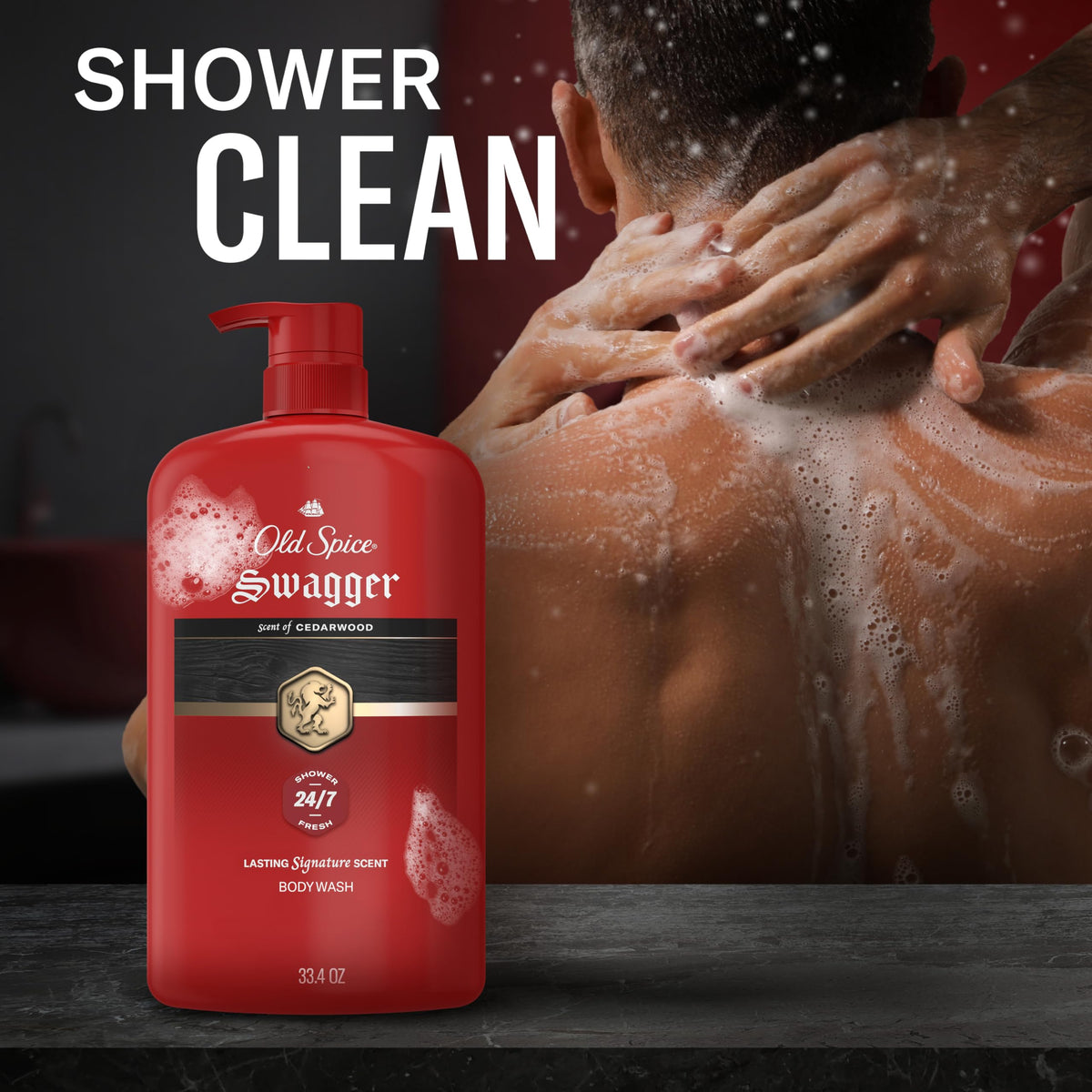 Old Spice Body Wash for Men, 24/7 Shower Fresh with Long Lasting Scent, Refreshing 3X Defense, Red Collection, Swagger with Cedarwood Scent, 33.4 oz (Pack of 4)
