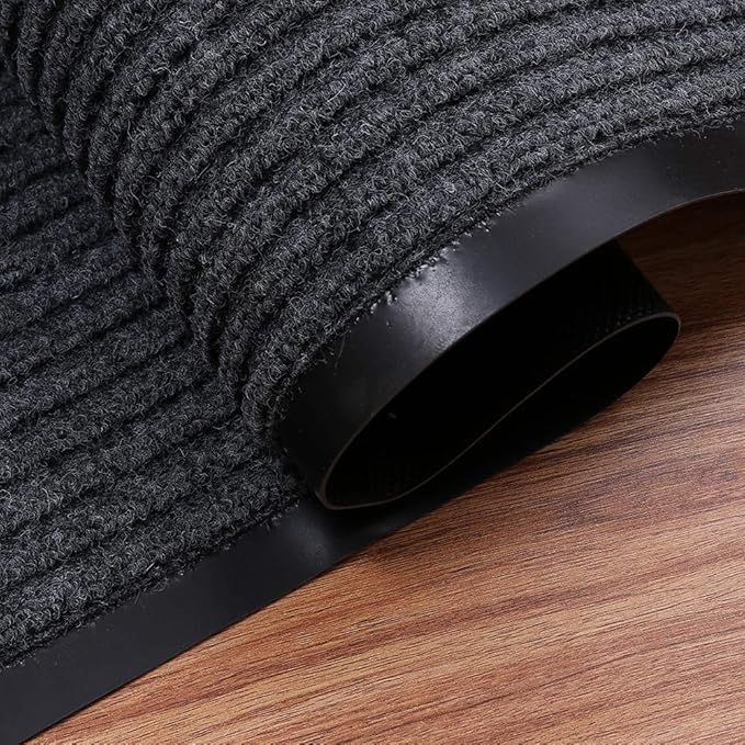 Fani Heavy Duty Large Grey Striped Floor Door Mat - Waterproof Low Profile Home Rug with Anti-Skid Rubber Back (Gray, 23" x 35")