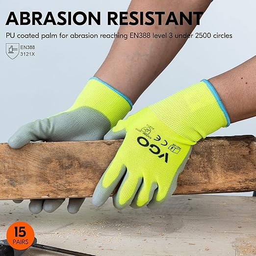 Vgo... 15-Pairs Safety Work Gloves, Gardening Gloves, Polyurethane Coated, Dipping Gloves, Latex Free (Size L, Yellow, PU2103)