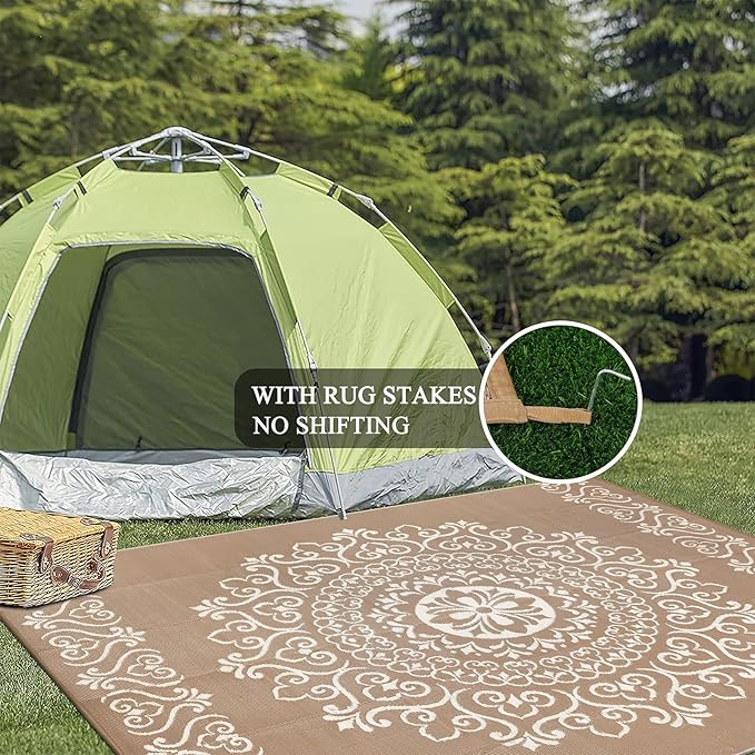 Pauwer Waterproof Outdoor Rug 8x10, Reversible Plastic Straw Patio Camping Rug, Indoor Outdoor RV Mat Carpet for Deck, Camper, Porch, Balcony, Backyard, Picnic, Floral Brown