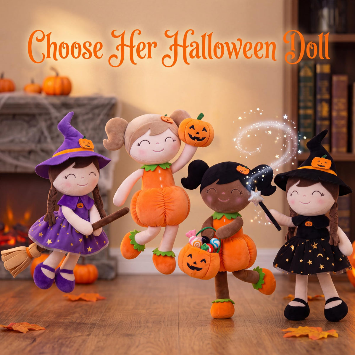 Gloveleya Halloween Soft Plush Toy, Baby Girl Gifts, Witch Doll, Black Dress, 16 Inch