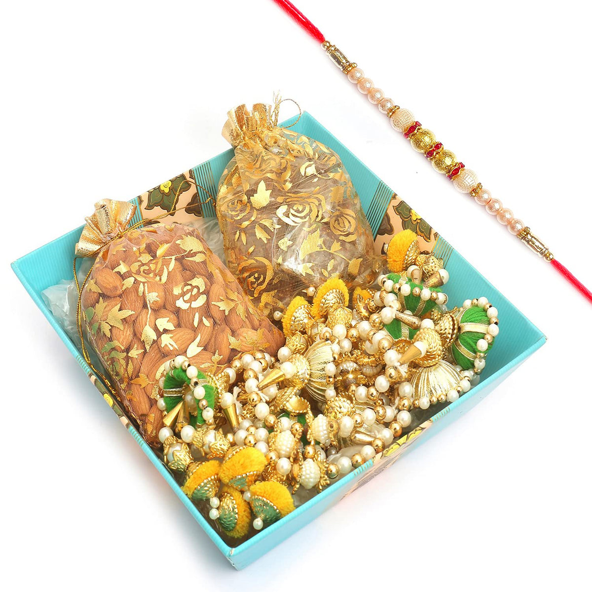 Ghasitaram Gifts Rakhi Gifts for Brothers Rakhi Chocolate Medium Square Basket with Almonds, English Brittle Chocolates Pouches and Toran with Pearl