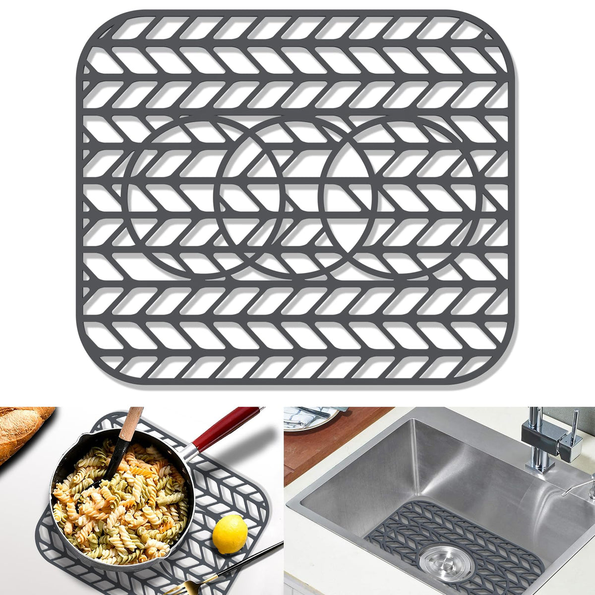 GUUKIN Sink Protectors for Kitchen sink, 13 5/8" x 11 5/8" Folding Non-slip Silicone Mat Grid for Bottom of Farmhouse Stainless Steel Porcelain Sink with 3 Reserved Holes