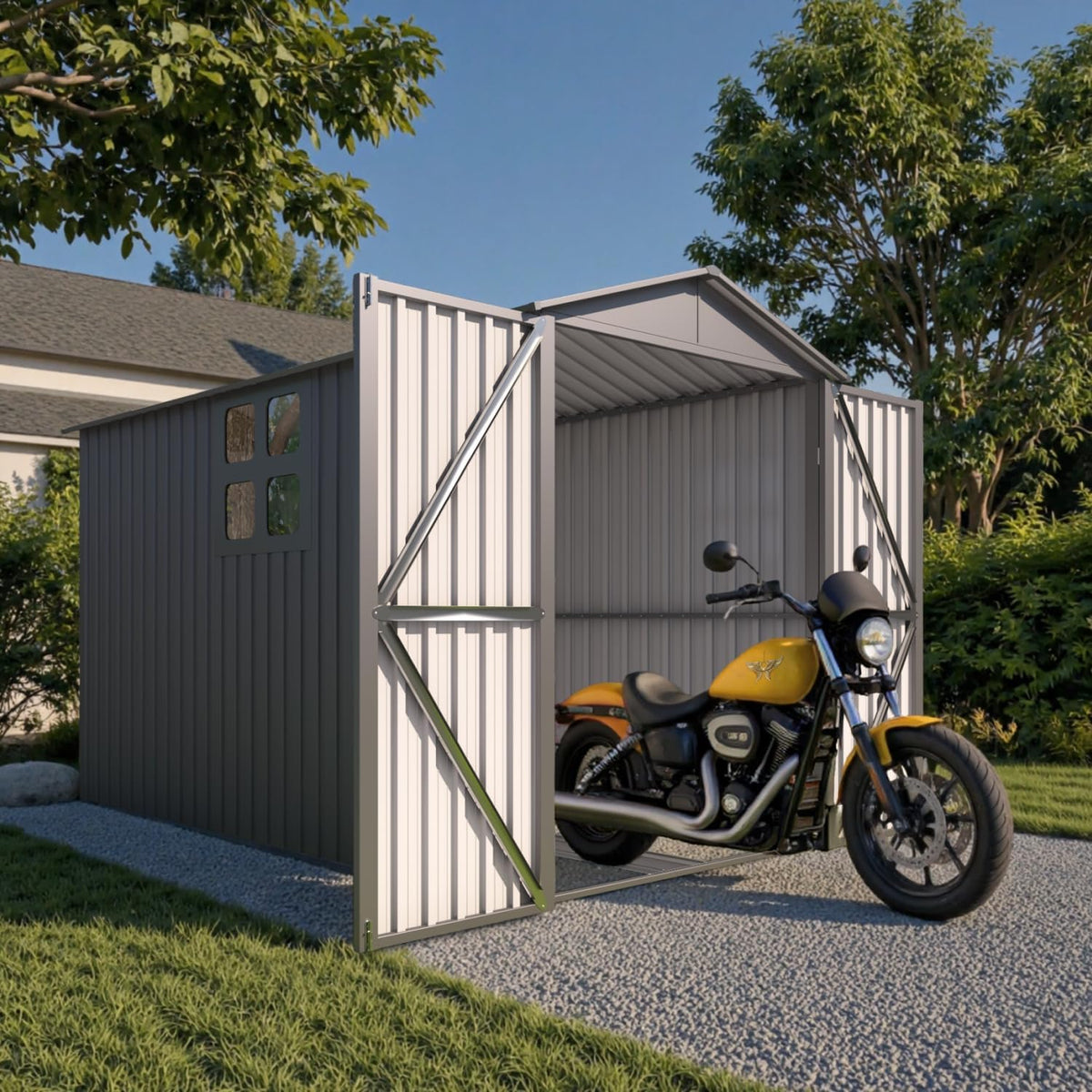5’ x 10’ Motorcycle Storage Sheds, Metal Shelter & Garage with Windows and Lockable Door Handle, Heavy Duty Vehicle Shed for All Weather, Track System Included, Anthracite