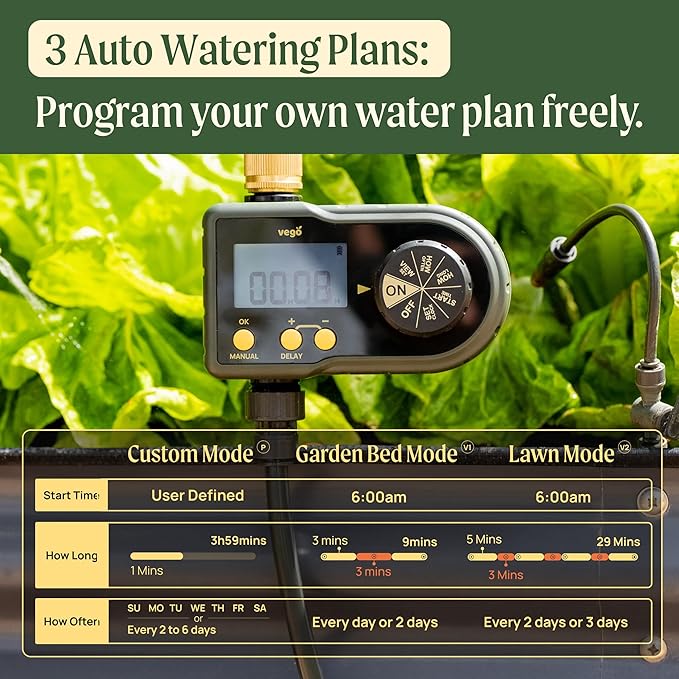 Vego Sprinkler Timer with Brass Inlet- Watering Timer for Garden Hose with Rain Delay/Manual Watering/Automatic Irrigation System - Water Hose Timer for Yard Lawn