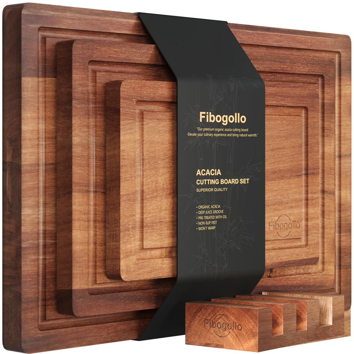 Fibogollo Set of 3 Acacia Wood Kitchen Cutting Boards with Holder