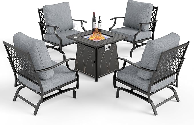 Patio Furniture Set with Fire Pit Table, 5 Pcs Metal Outdoor Conversation Set, 4 Rocking Chairs with 5.75" Extra Thick Cushion and 28" Fire Pit Table for Backyard Deck, Grey