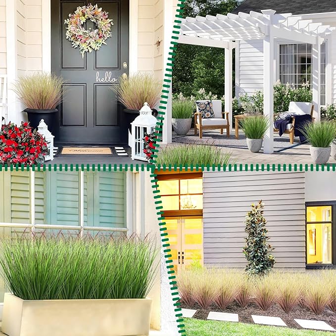 48Pcs Artificial Grass Plants Faux Shrubs Wheat Grass Fake Tall Grass Plants for Outdoor Decor Greenery Stems Weed for Room Indoor Home Decor（Green Red Tail