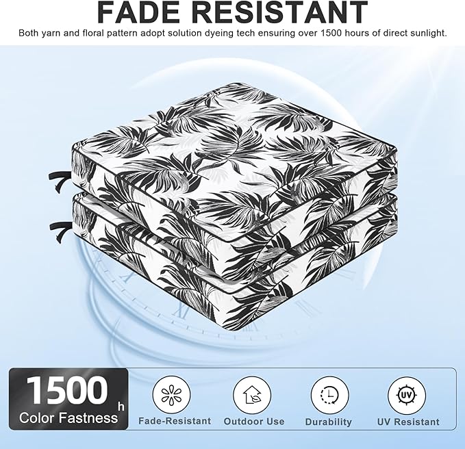 Favoyard Outdoor Chair Cushion 19 x 19 x 3 In Waterproof Pattern Fade Resistant Cushions for Patio Furniture with Removable Cover Attach Straps 28D Foam Insert Cushions Pads for Seat Sofa Couch 2 Pack