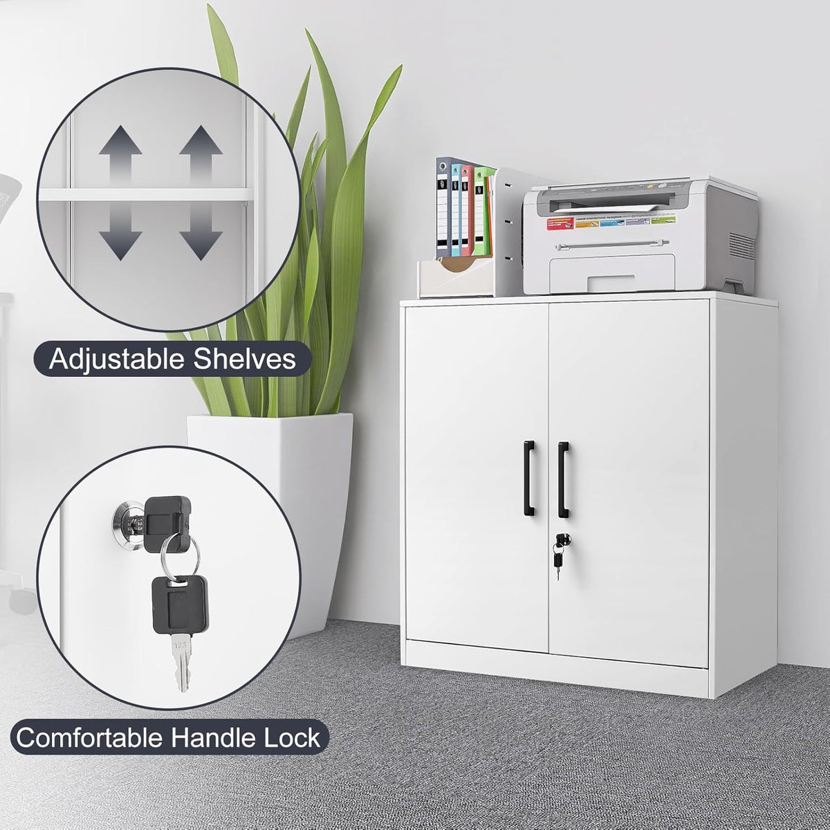 LUCYPAL Locking Storage Cabinets,Metal Cabinet with Adjustable Shelves and 2 Doors,Steel Counter Cabinet with Lockable Doors for Home Office (White)
