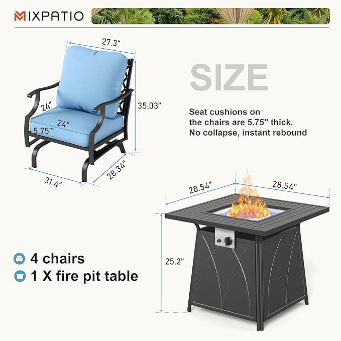 Patio Furniture Set with Fire Pit Table, 5 Pcs Metal Outdoor Conversation Set, 4 Rocking Chairs with 5.75" Extra Thick Cushion and 28" Fire Pit Table for Backyard Deck, Blue