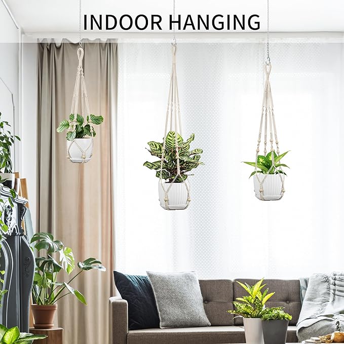 3 Pack Macrame Plant Hanger - 43"/35"/29" Different Sizes, Hanging Planter Basket Flower Pot Holder for Indoor Outdoor, with Wood Beads, Boho Home Decor, Ivory (POTS NOT Included)