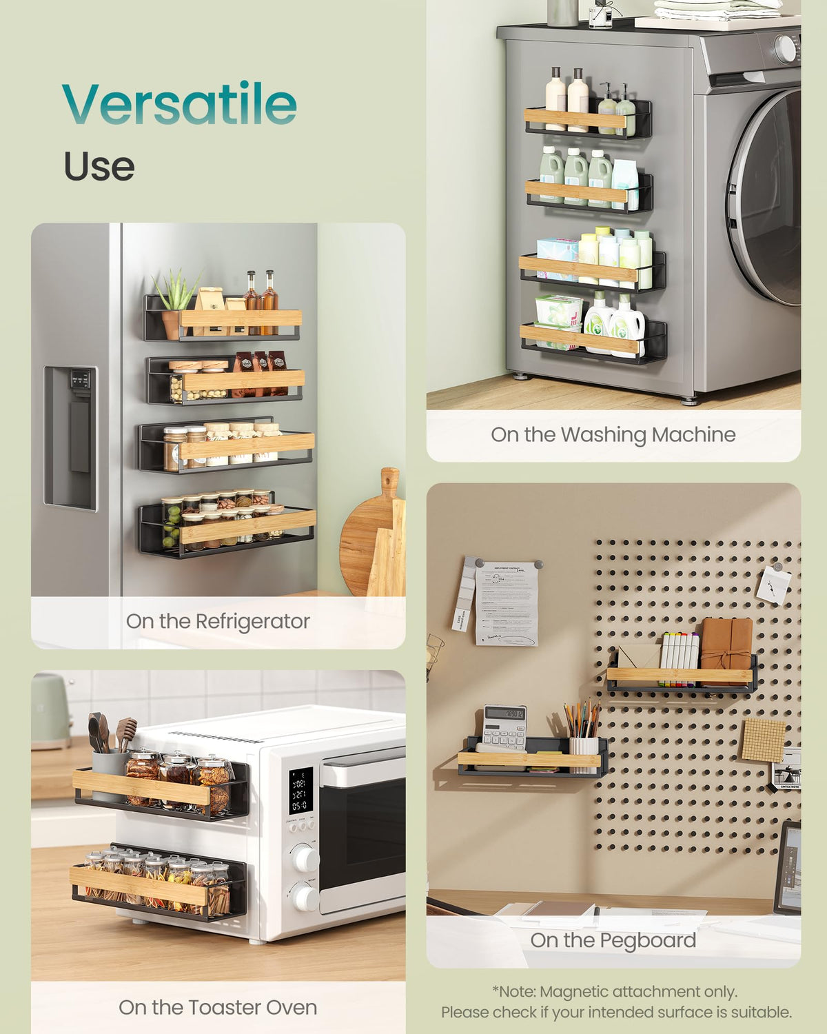 SONGMICS 4-Pack Strong Magnetic Real Bamboo Spice Racks for Fridge