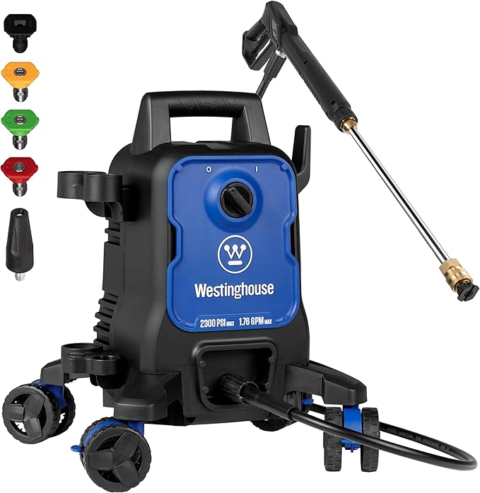 Westinghouse ePX3100 Electric Pressure Washer, 2300 Max PSI 1.76 Max GPM with Anti-Tipping Technology, Onboard Soap Tank, Pro-Style Steel Wand, 5-Nozzle Set, for Cars/Fences/Driveways/Home/Patios