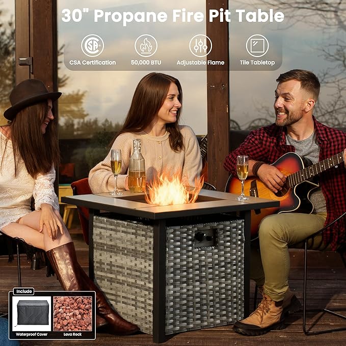 ovios 8 Pieces Patio Furniture Set with 30" Fire Pit Table, Outdoor Wicker Sofa with Comfy Cushions, All Weather High Back Rattan Couch Conversation Set, Dark Grey