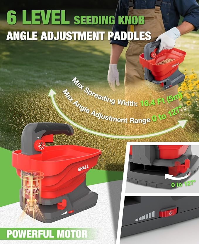 SHALL Battery Powered Fertilizer Spreader, 7.2V Rechargeable Seed Spreader for Salt, De-Icer, Earth Food, Grass Seed, 8-Level Settings and 3.3L Large Capacity Spreading up to 6458 sq.ft