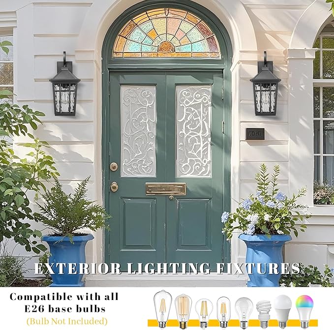 Outdoor Light Fixture 14 Inch Height Outside Wall Lights Black Finish and Water Ripple Glass Exterior Lights for House Garage Porch and Garden E26 Socket 2-Pack