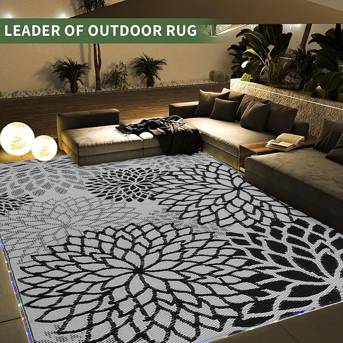 Outdoor Rug 9x12 ft with LED Light, Waterproof Reversible Outdoor Plastic Straw Rug for Patios Clearance, Large Outdoor Area Rug Carpet RV Mat for Camping Backyard Deck Porch Beach