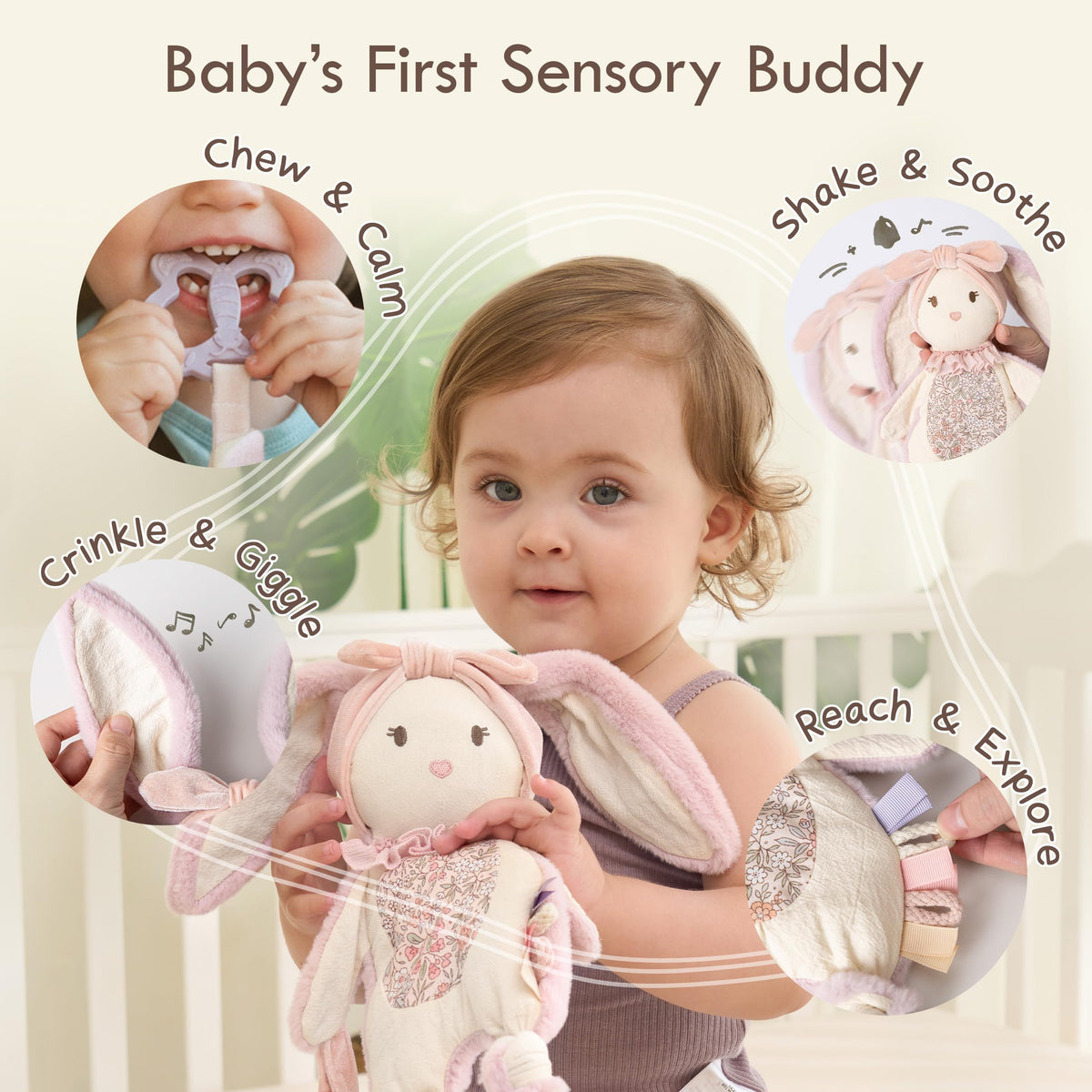 Moonkie Baby Lovey with Silicone Teether, Bunny Security Blanket with Textured Ribbons, Crinkle Toys, Soft Minky Velour & Natural Cotton, Newborn Girl Gift for Baby Shower or Birthday