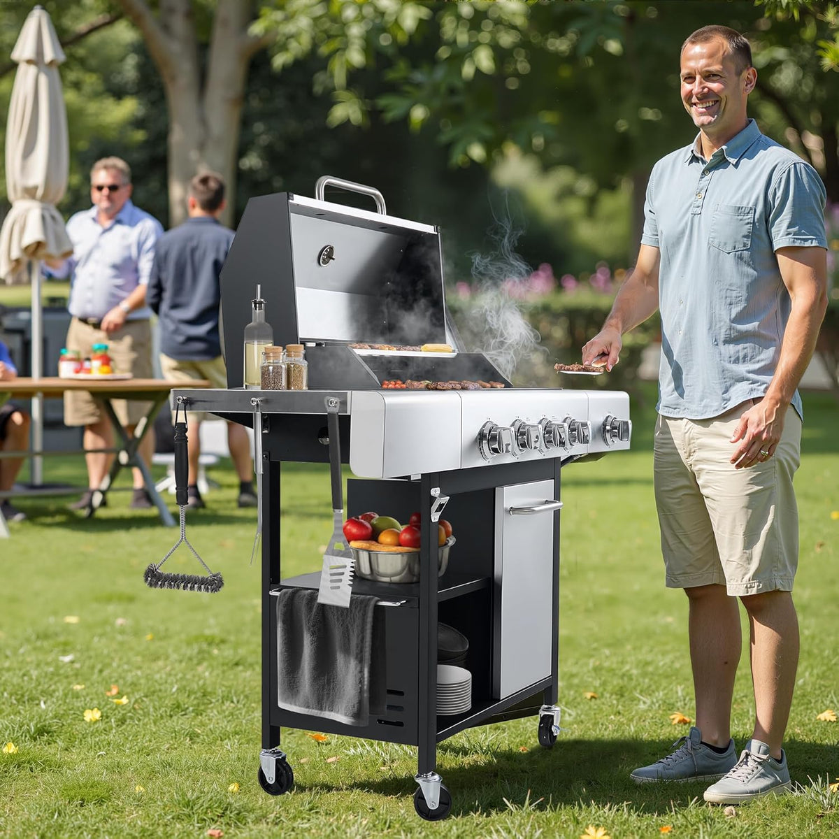 4-Burner Propane Gas Grill with Side Burner & Cabinet, 50,000 BTU Outdoor BBQ Grill with Porcelain-Enameled Cast Iron Grates, Stainless Steel Barbecue Grill for Outdoor Cooking (Silver)