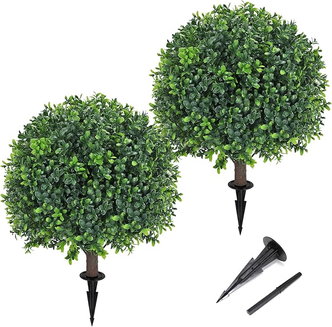 Artificial Boxwood Topiary Ball Tree 24" with Ground Spike, Set of 2 Artificial Boxwood Bushes for Faux Shrubs, Fake Evergreen Faux Plant for Indoor Outdoor Porch Garden- UV Resistant – Fade-Proof