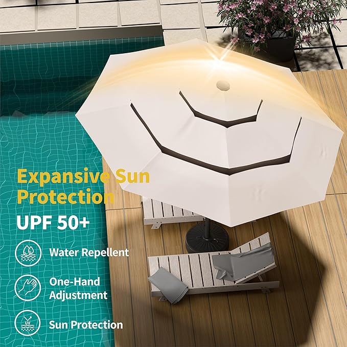 Kingdura 9ft 3-Tier Patio Umbrella, Outdoor Table Umbrella with Easy Crank & Tilt, 8 Reinforced Ribs, UV Protection for Deck, Pool, Market, Backyard (Beige)