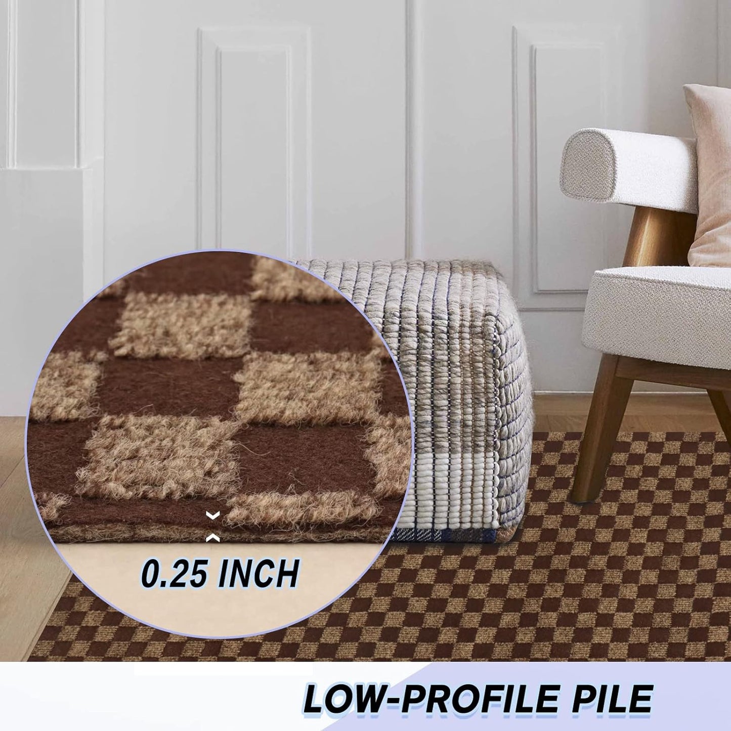 Custom Size Backed Non-Slip Area Rugs Runner, Easy Clean, Waterproof Runner Rugs for Hallway Entryway, Kitchen, Laundry, 2FT x 66FT, Brown Checkered