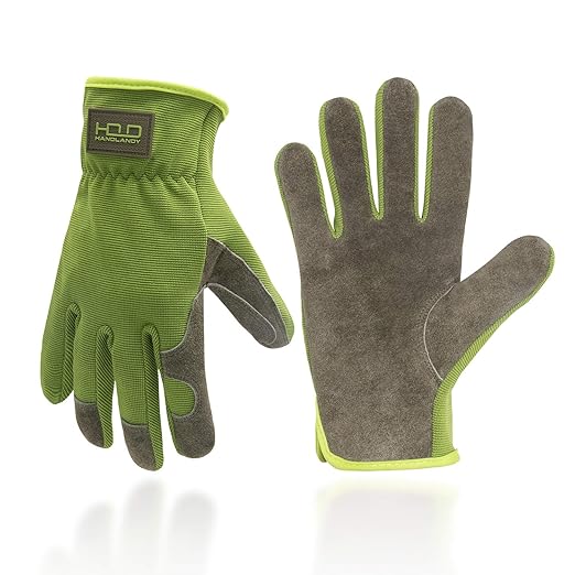 HLDD HANDLANDY Leather Work Gloves for Men & Women, Cowhide Gardening Gloves Utility Work Gloves, Mechanic Construction Driver Gloves (L, Green)